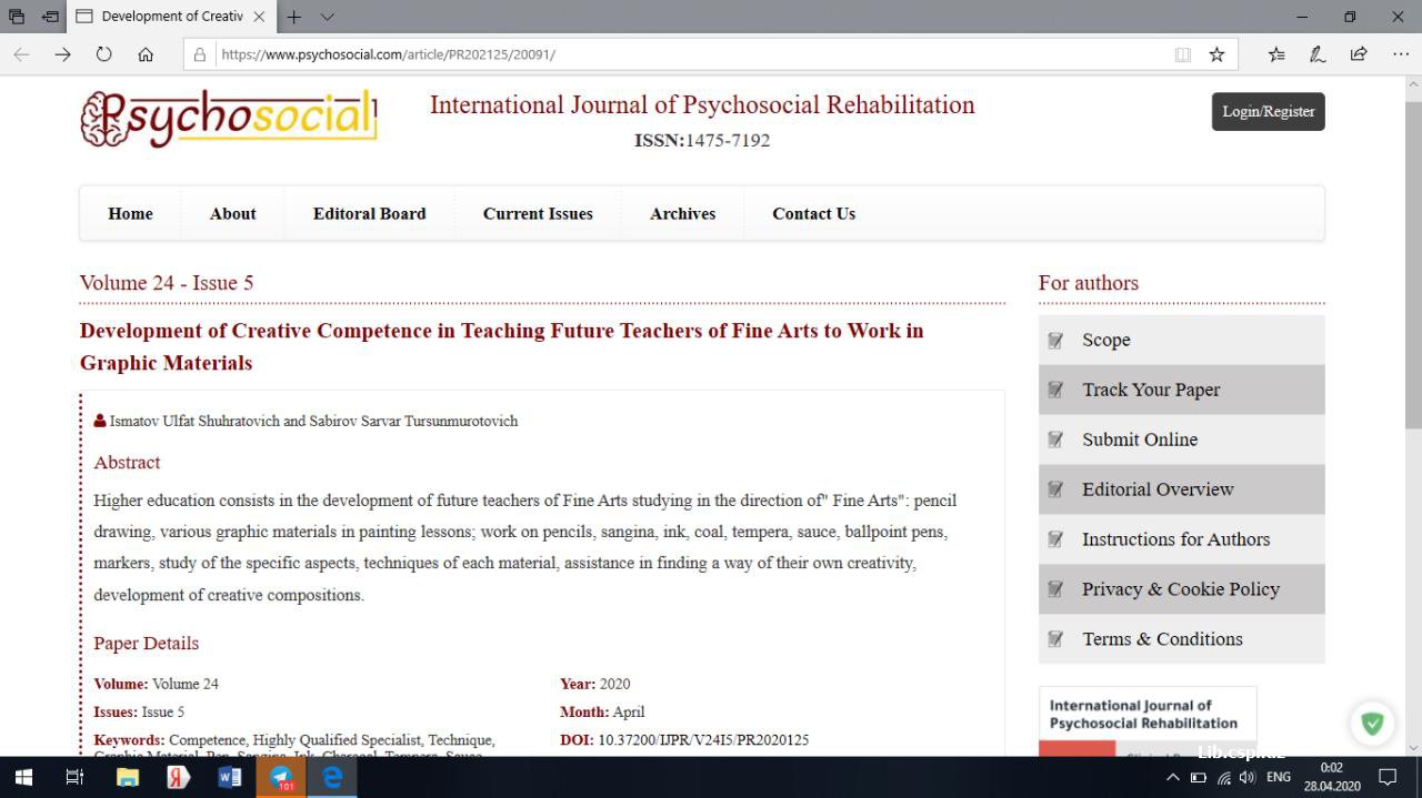 Ismatov U.Sh., International Journal of Psychosocial Rehabilitation, Vol. 24, Issue 05, 2020 ISSN: 1475-7192