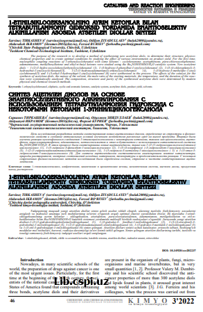 1-ETINILSIKLOGEKSANOLNING AYRIM KETONLAR BILAN  TETRABUTILAMMONIY GIDROKSID YORDAMIDA ENANTIOSELEKTIV ALKINILLANISH ASOSIDA ATSETILEN DIOLLAR SINTEZI