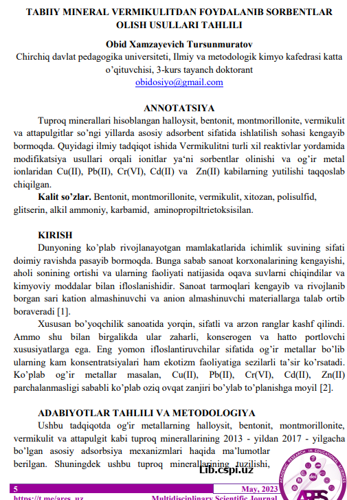TABIIY MINERAL VERMIKULITDAN FOYDALANIB SORBENTLAR OLISH USULLARI TAHLILI