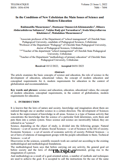In the Conditions of New Uzbekistan the Main Issues of Science and Modern Education