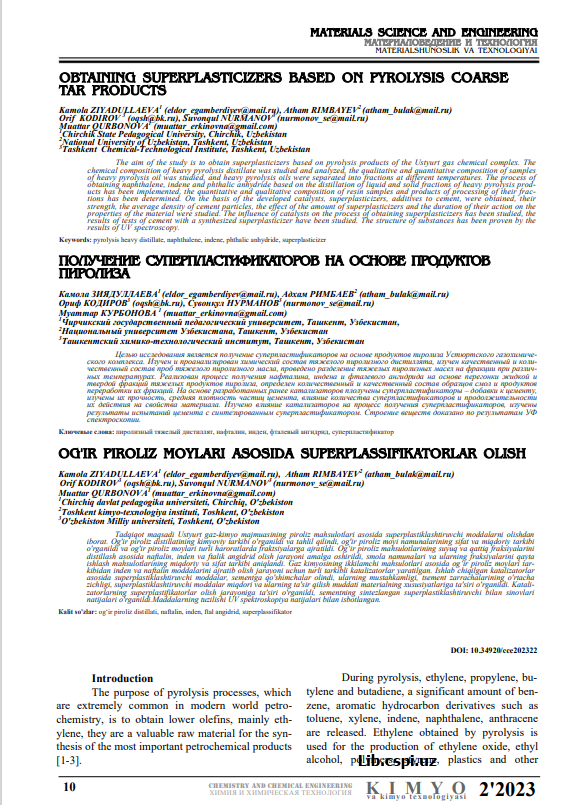 OG'IR PIROLIZ MOYLARI ASOSIDA SUPERPLASSIFIKATORLAR OLISH