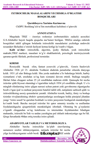 IXTIROCHILIK MASALALARINI YECHISHGA O’RGATISH BOSQICHLARI