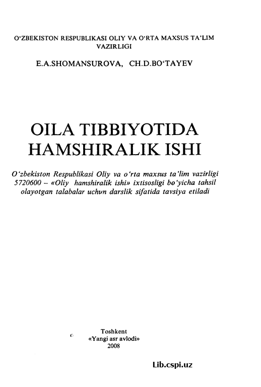 OILA TIBBIYOTIDA HAMSHIRALIK ISHi