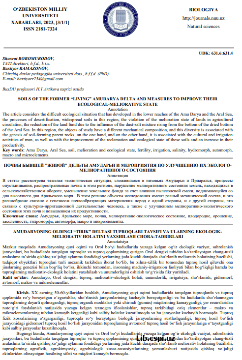 АMUDАRYОNING OLDINGI “TIRIK” DELTАSI TUPROQLАRI TАVSIFI VА ULАRNING EKOLOGIKMELIORАTIV HOLАTINI YAXSНILАSH CHORА-TАDBIRLАRI