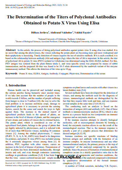 The Determination of the Titers of Polyclonal Antibodies Obtained to Potato X Virus Using Elisa