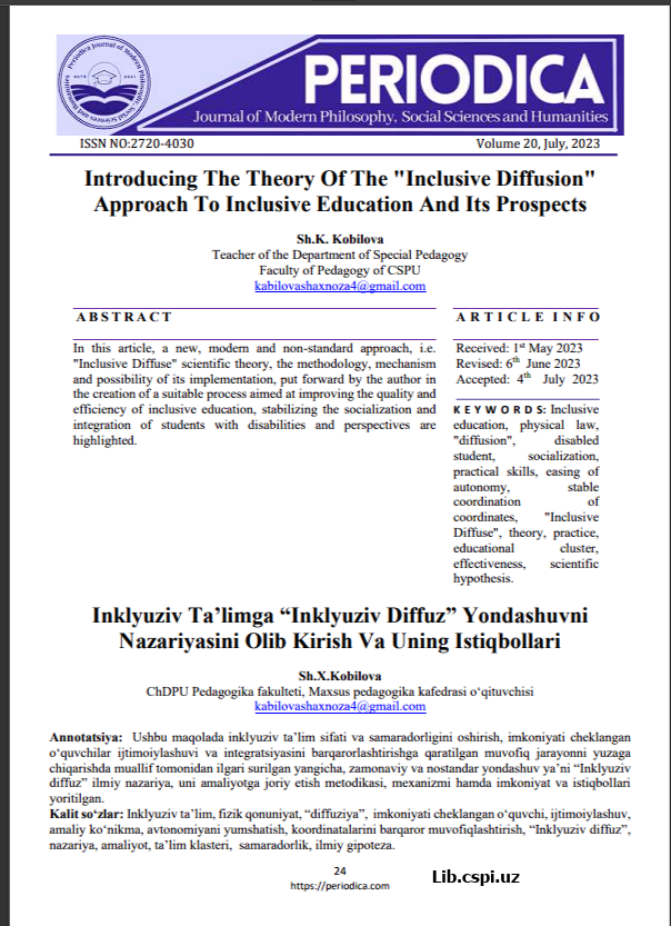 Inklyuziv Ta’limga “Inklyuziv Diffuz” Yondashuvni  Nazariyasini Olib Kirish Va Uning Istiqbollari