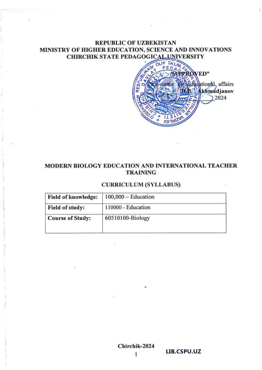 MODERN BIOLOGY EDUCATION AND INTERNATIONAL TEACHER TRAINING